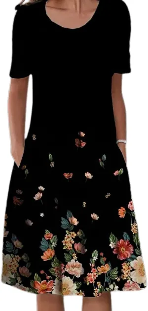 Akivide Women's Boho Floral Short Sleeve T Shirt Dress Summer Casual Loose Swing Tshirt Midi Dresses with Pockets