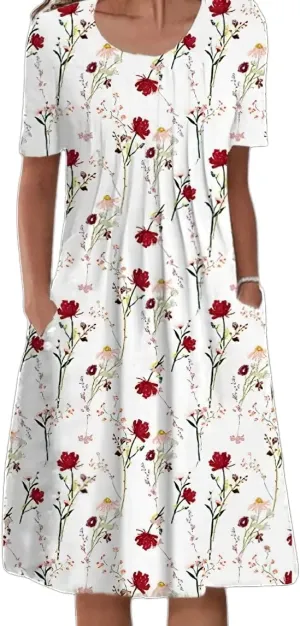 Akivide Women's Boho Floral Short Sleeve T Shirt Dress Summer Casual Loose Swing Tshirt Midi Dresses with Pockets