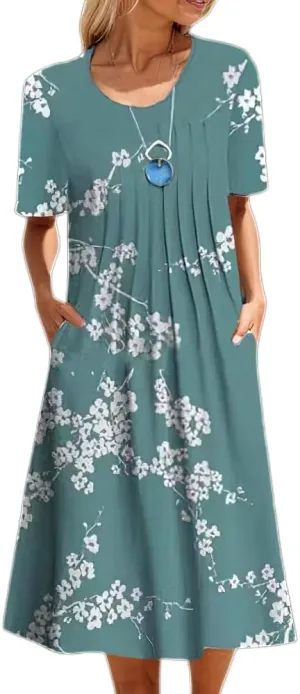 Akivide Women's Boho Floral Short Sleeve T Shirt Dress Summer Casual Loose Swing Tshirt Midi Dresses with Pockets