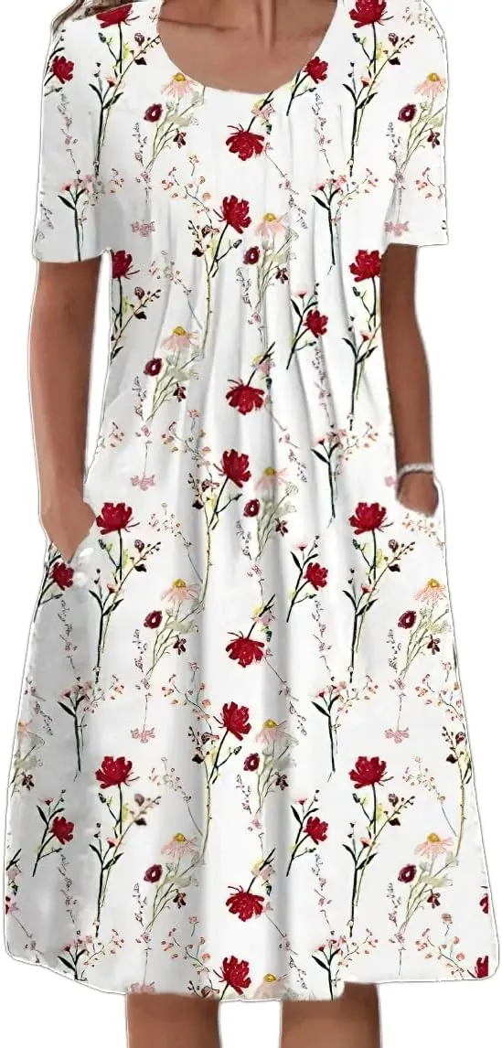 Akivide Women's Boho Floral Short Sleeve T Shirt Dress Summer Casual Loose Swing Tshirt Midi Dresses with Pockets
