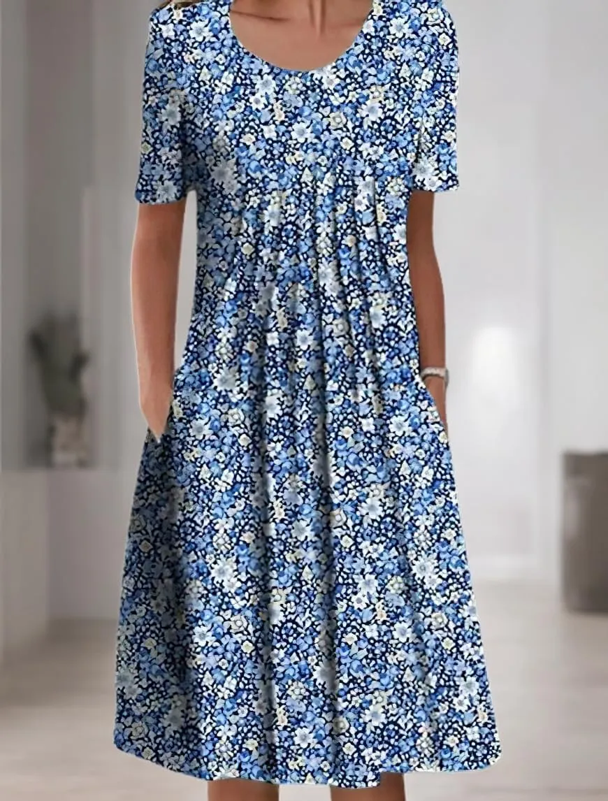 Akivide Women's Boho Floral Short Sleeve T Shirt Dress Summer Casual Loose Swing Tshirt Midi Dresses with Pockets