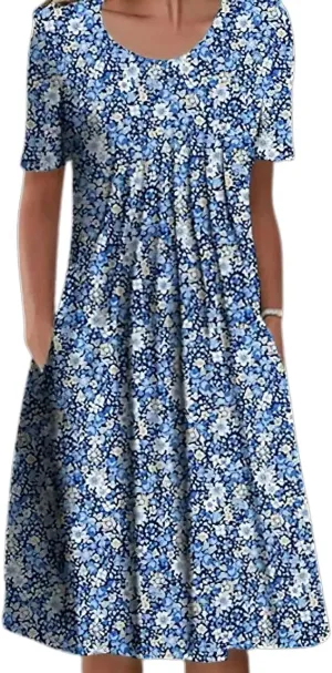 Akivide Women's Boho Floral Short Sleeve T Shirt Dress Summer Casual Loose Swing Tshirt Midi Dresses with Pockets