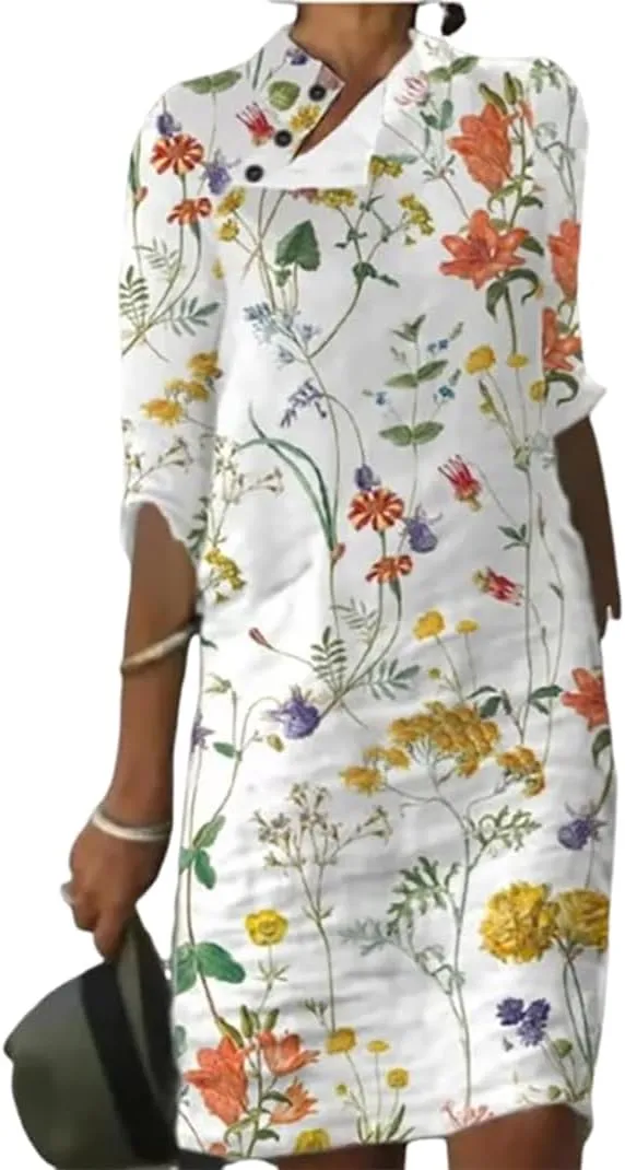Akivide Womens Cotton Linen Half Sleeve Midi Dress with Pockets 2025 Loose Stand Collar Button Knee Length Linen Shift Dress