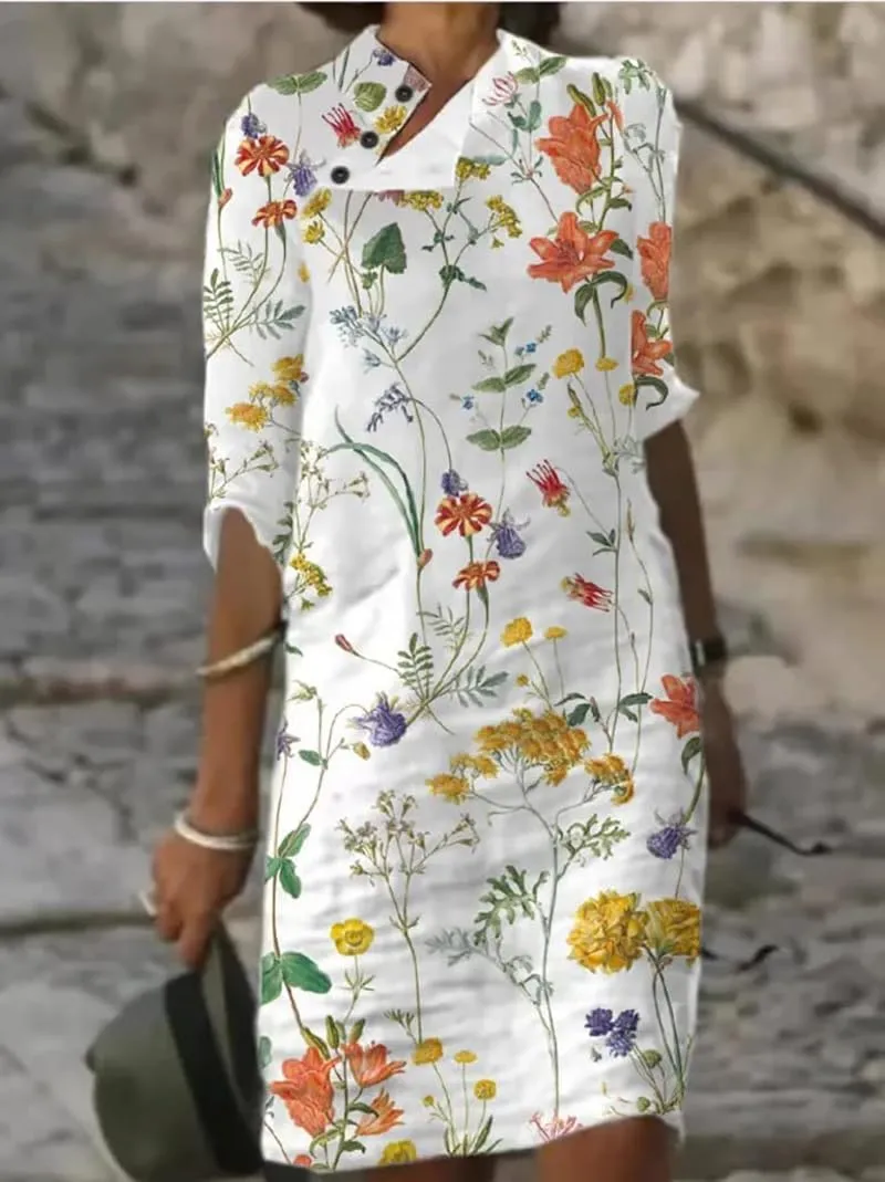Akivide Womens Cotton Linen Half Sleeve Midi Dress with Pockets 2025 Loose Stand Collar Button Knee Length Linen Shift Dress