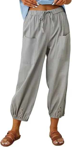 Akivide Women's High Waist Drawstring Cotton Linen Pants with 2 Pockets Straight Wide Leg Capri Cropped Trouser for Women