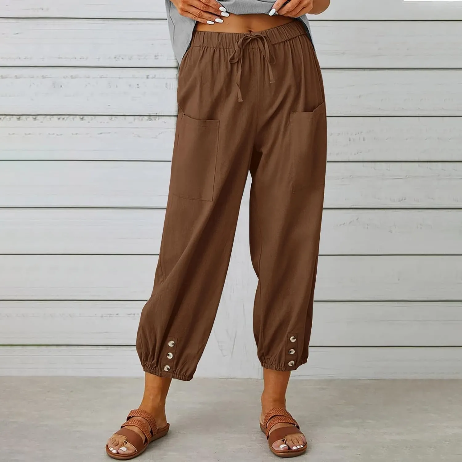 Akivide Women's High Waist Drawstring Cotton Linen Pants with 2 Pockets Straight Wide Leg Capri Cropped Trouser for Women