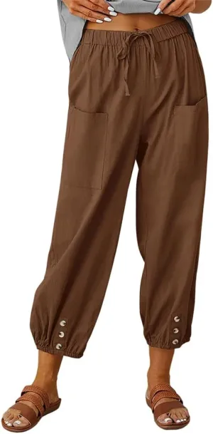 Akivide Women's High Waist Drawstring Cotton Linen Pants with 2 Pockets Straight Wide Leg Capri Cropped Trouser for Women