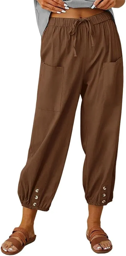 Akivide Women's High Waist Drawstring Cotton Linen Pants with 2 Pockets Straight Wide Leg Capri Cropped Trouser for Women