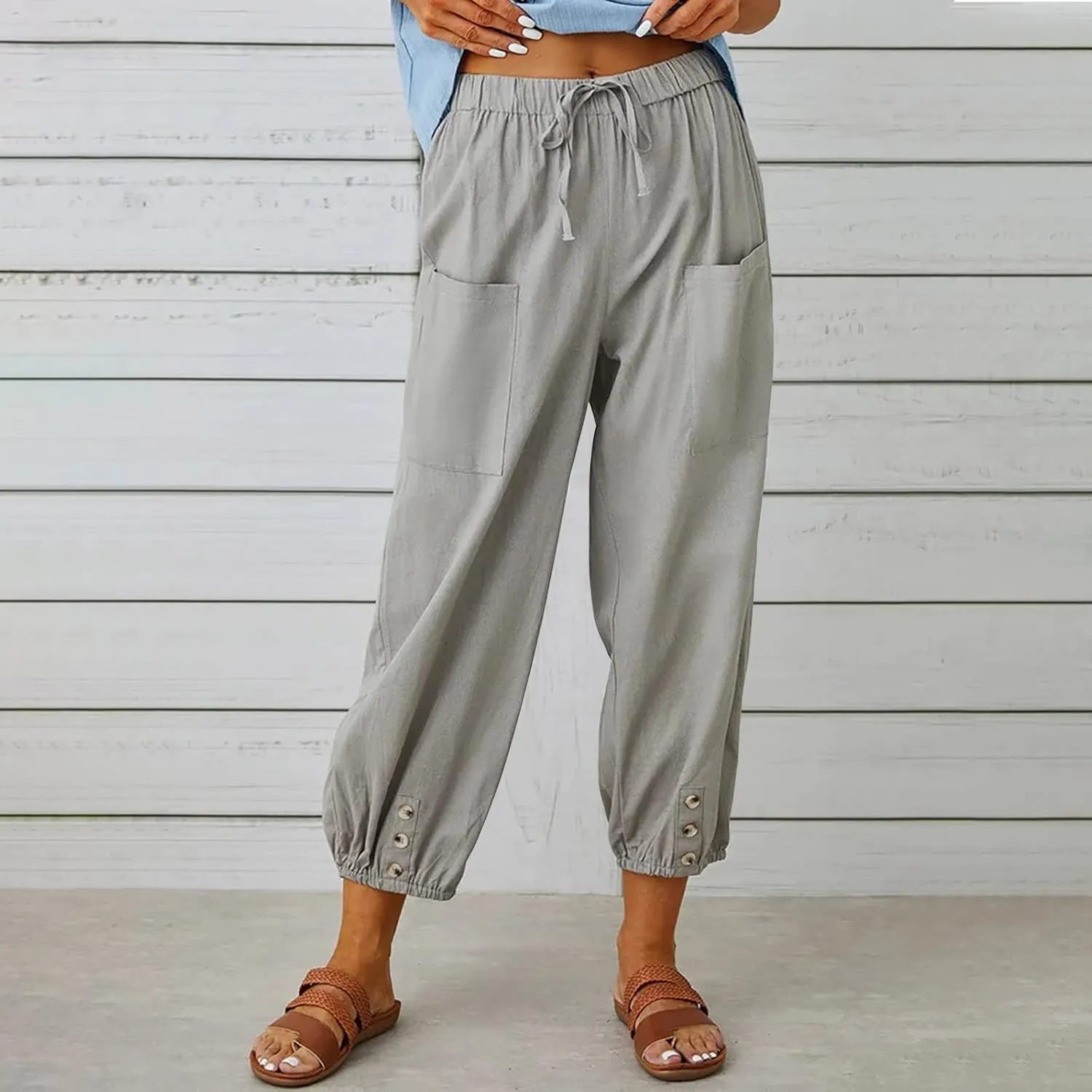 Akivide Women's High Waist Drawstring Cotton Linen Pants with 2 Pockets Straight Wide Leg Capri Cropped Trouser for Women