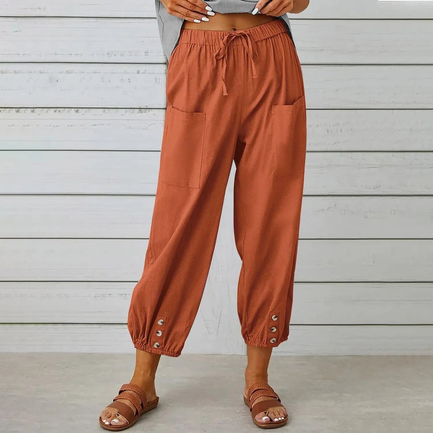 Akivide Women's High Waist Drawstring Cotton Linen Pants with 2 Pockets Straight Wide Leg Capri Cropped Trouser for Women