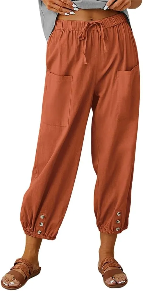 Akivide Women's High Waist Drawstring Cotton Linen Pants with 2 Pockets Straight Wide Leg Capri Cropped Trouser for Women