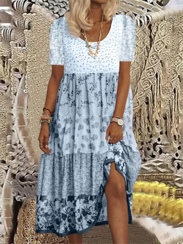 Akivide Womens Summer Bohemian Floral Dress Casual Loose Short Sleeve Midi Dress Flowy Beach Boho Sundress