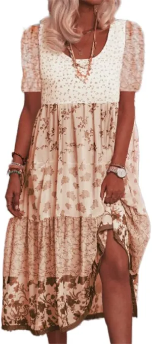 Akivide Womens Summer Bohemian Floral Dress Casual Loose Short Sleeve Midi Dress Flowy Beach Boho Sundress