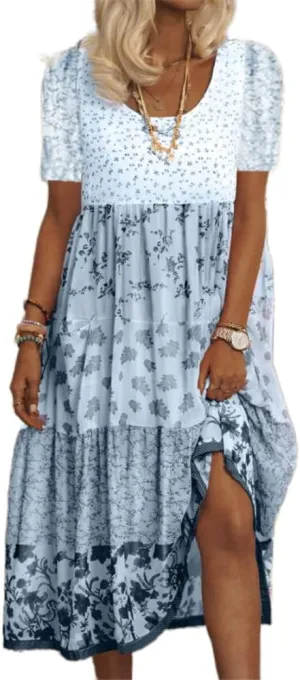 Akivide Womens Summer Bohemian Floral Dress Casual Loose Short Sleeve Midi Dress Flowy Beach Boho Sundress