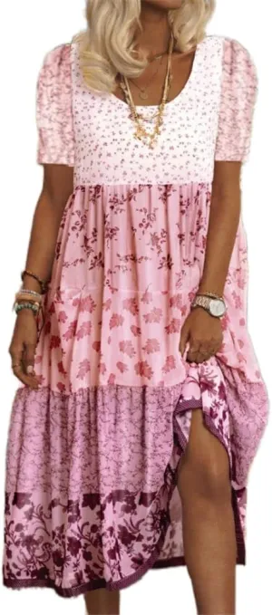 Akivide Womens Summer Bohemian Floral Dress Casual Loose Short Sleeve Midi Dress Flowy Beach Boho Sundress