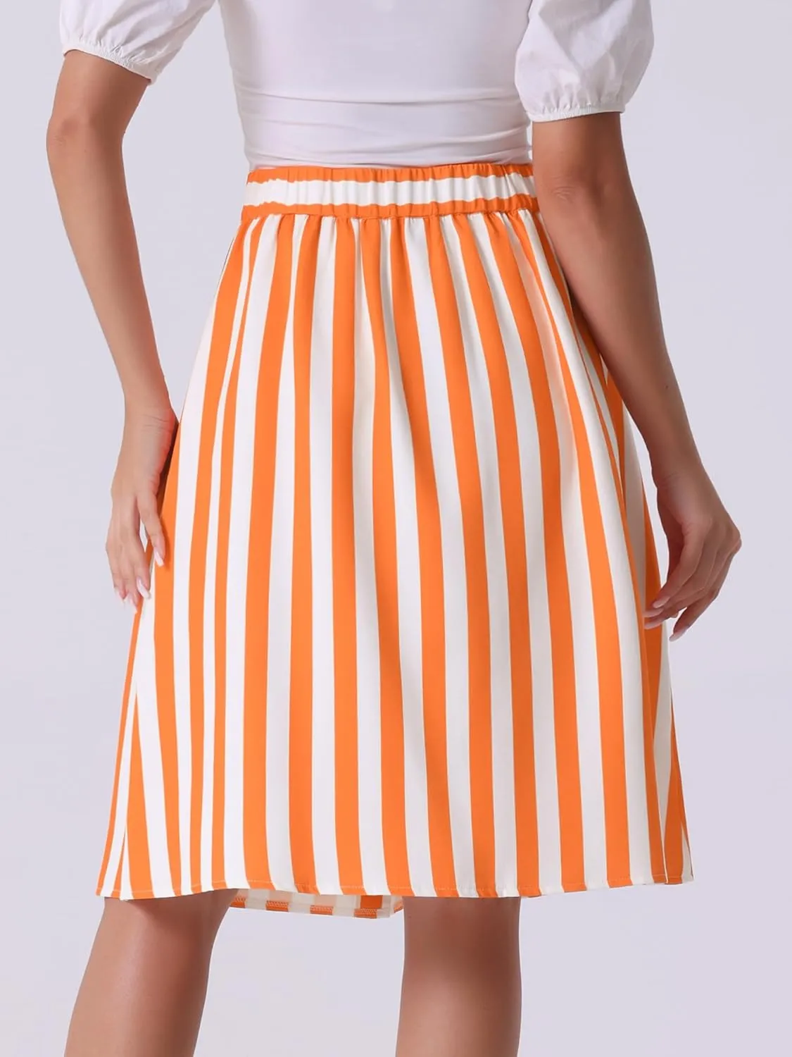 Allegra K Women's Striped Button Front Elastic Back Waist A-Line Midi Skirt