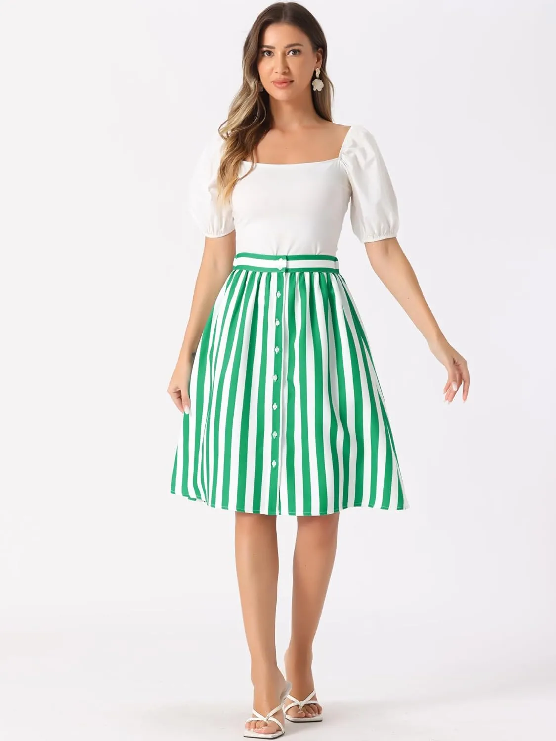 Allegra K Women's Striped Button Front Elastic Back Waist A-Line Midi Skirt