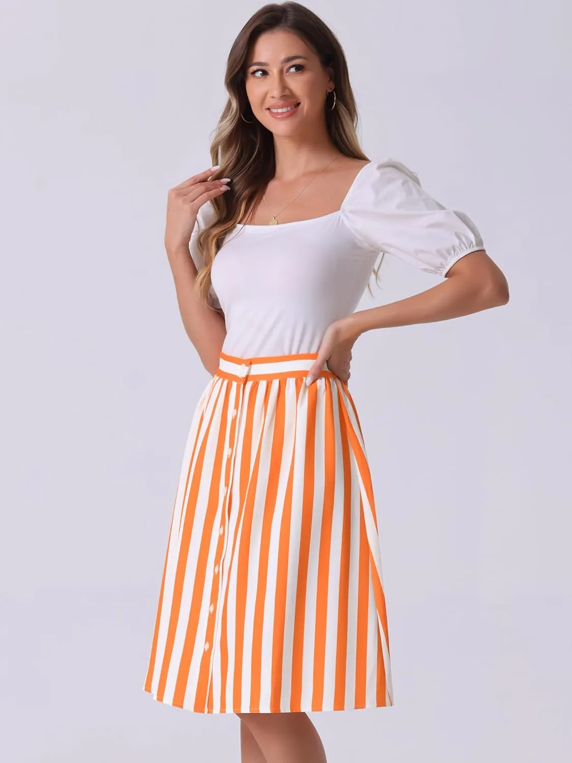 Allegra K Women's Striped Button Front Elastic Back Waist A-Line Midi Skirt
