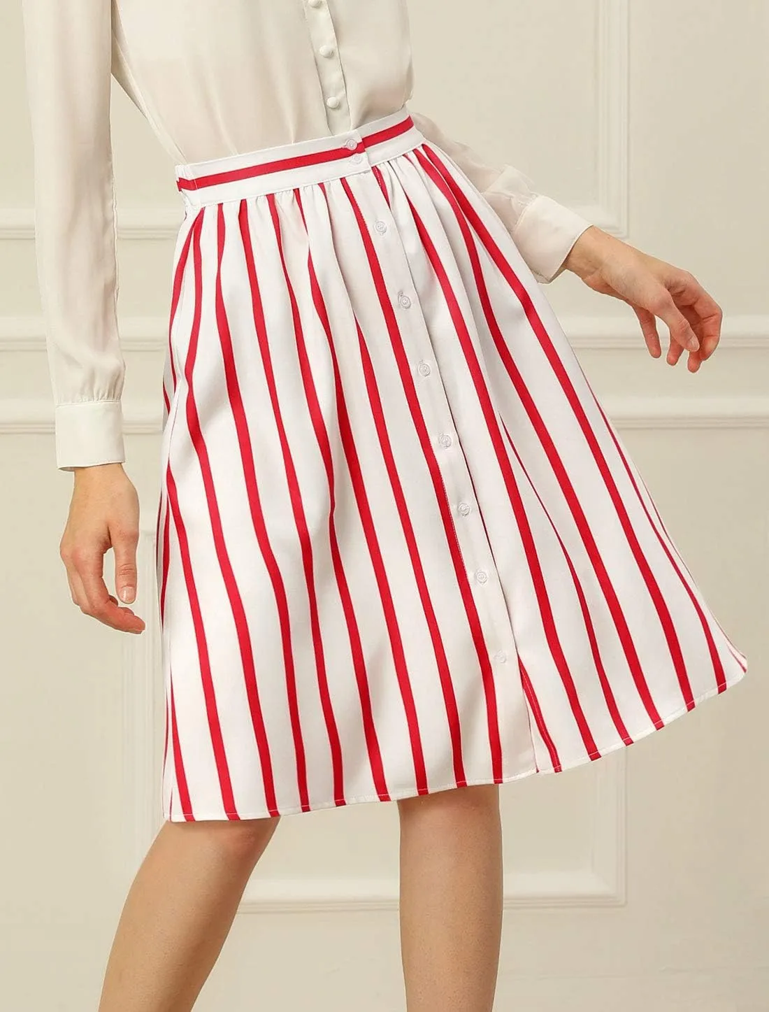 Allegra K Women's Striped Button Front Elastic Back Waist A-Line Midi Skirt