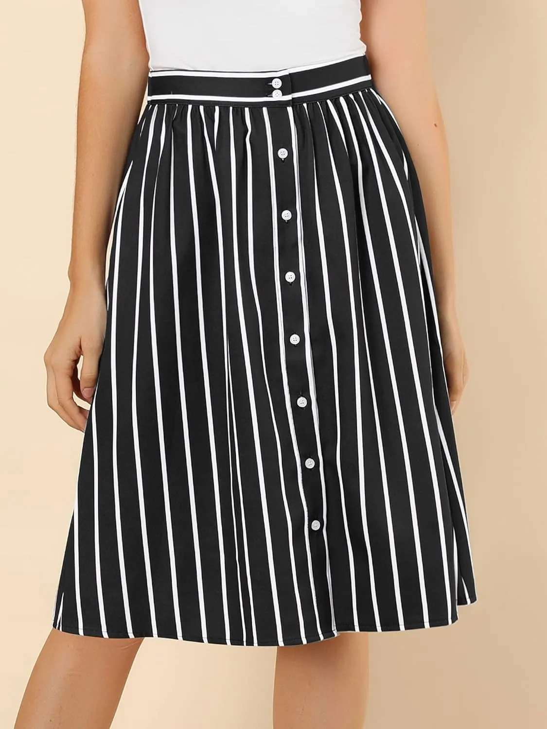 Allegra K Women's Striped Button Front Elastic Back Waist A-Line Midi Skirt