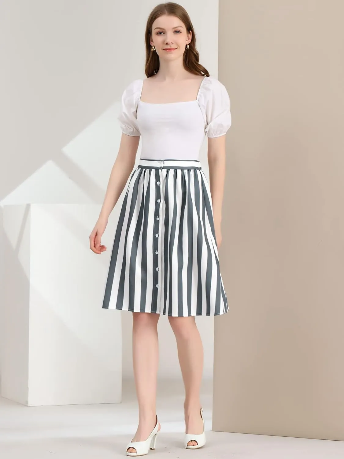 Allegra K Women's Striped Button Front Elastic Back Waist A-Line Midi Skirt