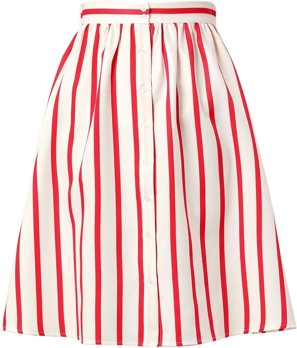 Allegra K Women's Striped Button Front Elastic Back Waist A-Line Midi Skirt