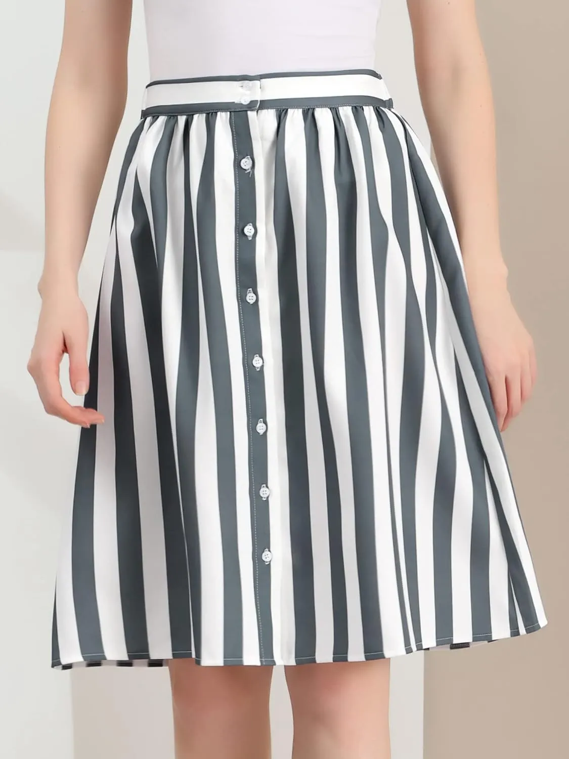Allegra K Women's Striped Button Front Elastic Back Waist A-Line Midi Skirt