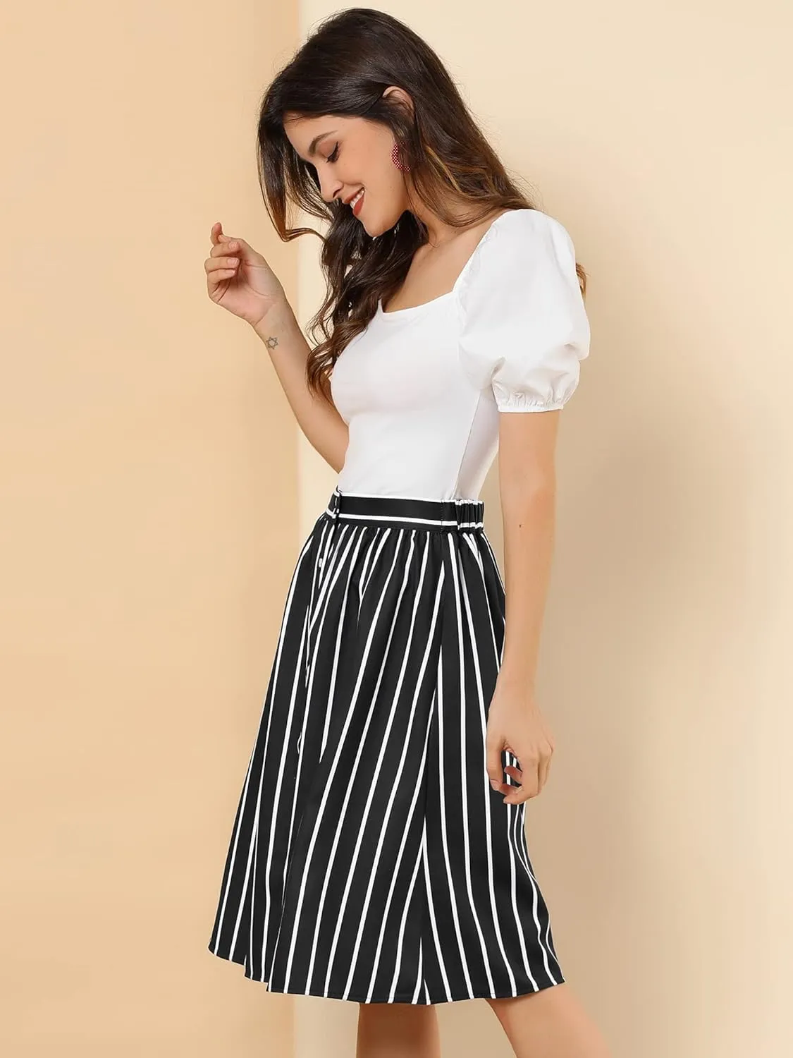 Allegra K Women's Striped Button Front Elastic Back Waist A-Line Midi Skirt