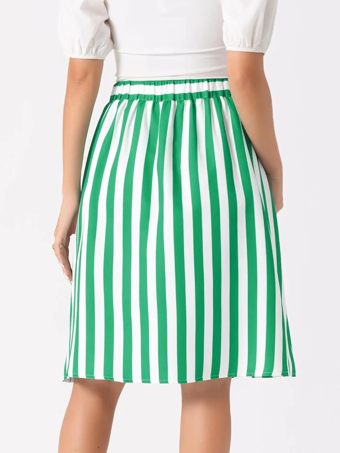 Allegra K Women's Striped Button Front Elastic Back Waist A-Line Midi Skirt