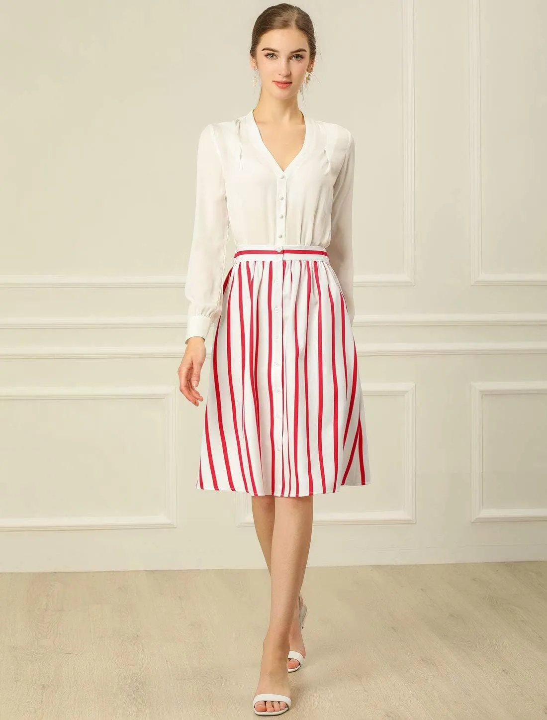 Allegra K Women's Striped Button Front Elastic Back Waist A-Line Midi Skirt