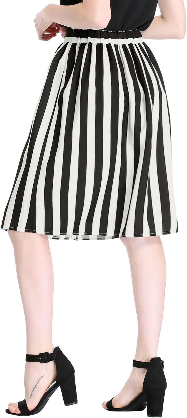 Allegra K Women's Striped Button Front Elastic Back Waist A-Line Midi Skirt