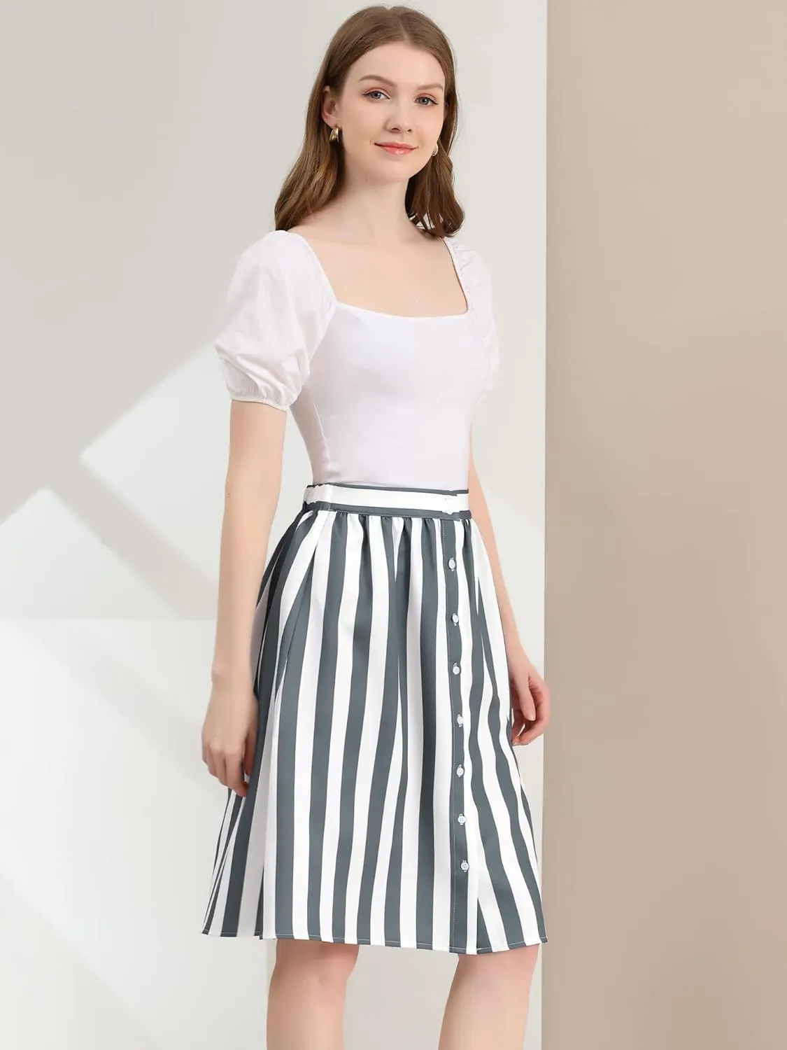 Allegra K Women's Striped Button Front Elastic Back Waist A-Line Midi Skirt