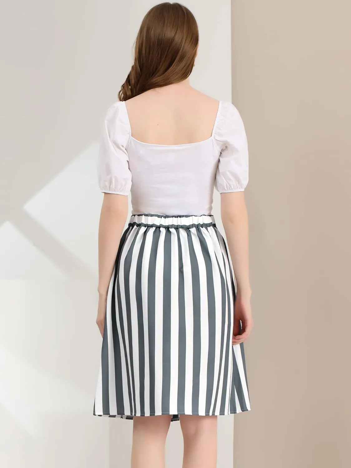 Allegra K Women's Striped Button Front Elastic Back Waist A-Line Midi Skirt