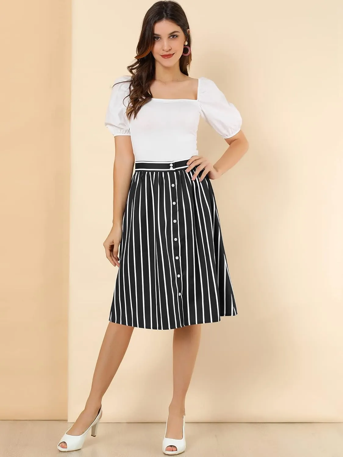 Allegra K Women's Striped Button Front Elastic Back Waist A-Line Midi Skirt