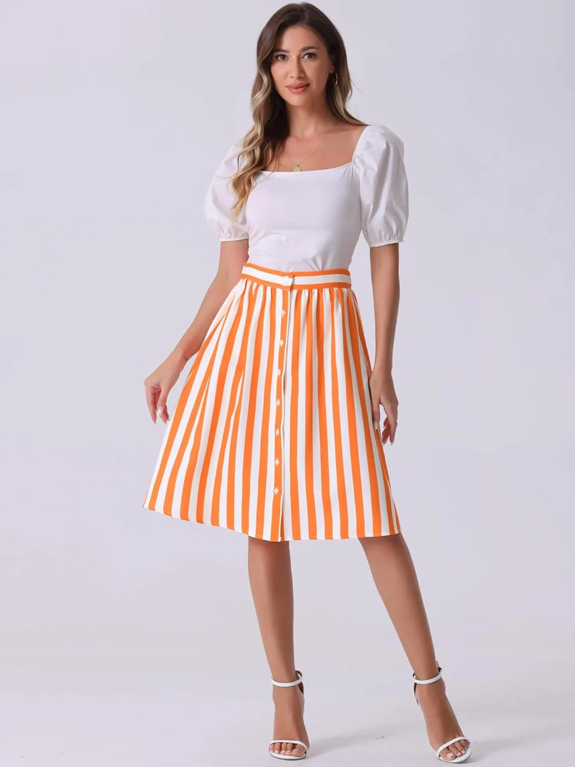 Allegra K Women's Striped Button Front Elastic Back Waist A-Line Midi Skirt