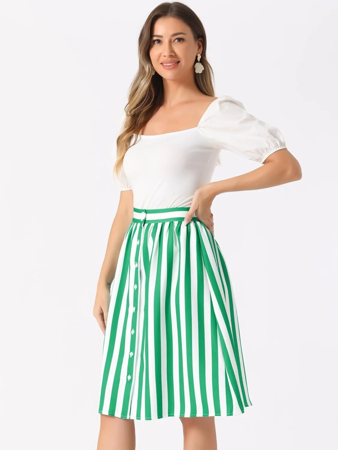 Allegra K Women's Striped Button Front Elastic Back Waist A-Line Midi Skirt