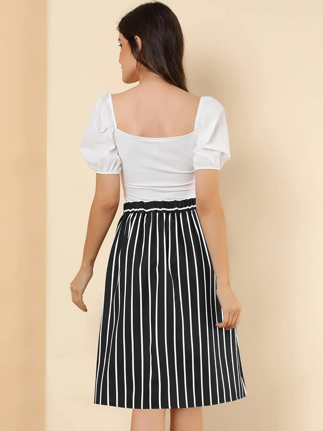 Allegra K Women's Striped Button Front Elastic Back Waist A-Line Midi Skirt