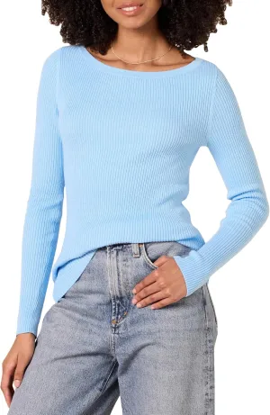 Amazon Essentials Women's Lightweight Ribbed Long-Sleeve Boat Neck Slim-Fit Sweater