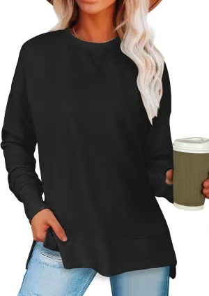 ANRABESS Sweatshirts for women 2025 Fall Fashion Long Sleeve Shirts Crewneck Lightweight Side Split Casual Pullover Top