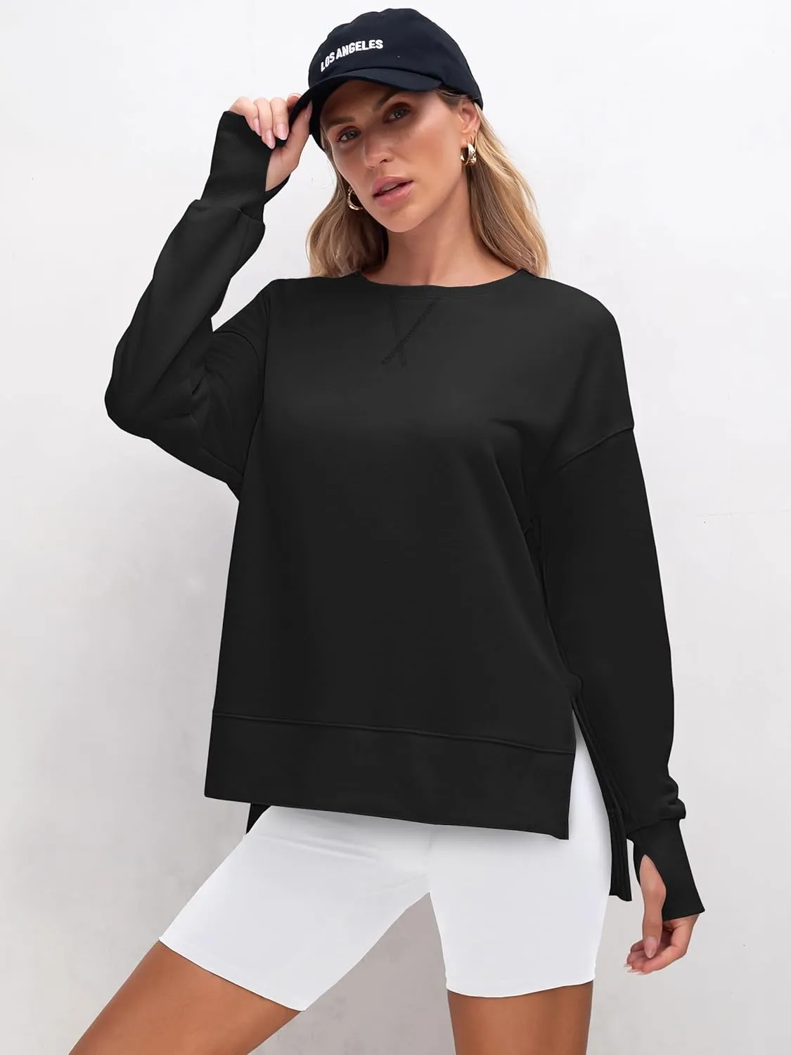 ANRABESS Sweatshirts for women 2025 Fall Fashion Long Sleeve Shirts Crewneck Lightweight Side Split Casual Pullover Top