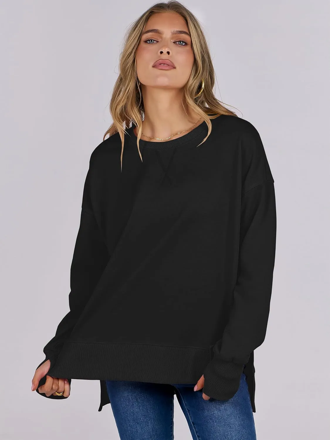 ANRABESS Sweatshirts for women 2025 Fall Fashion Long Sleeve Shirts Crewneck Lightweight Side Split Casual Pullover Top