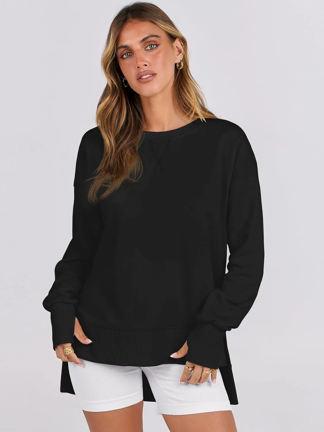 ANRABESS Sweatshirts for women 2025 Fall Fashion Long Sleeve Shirts Crewneck Lightweight Side Split Casual Pullover Top