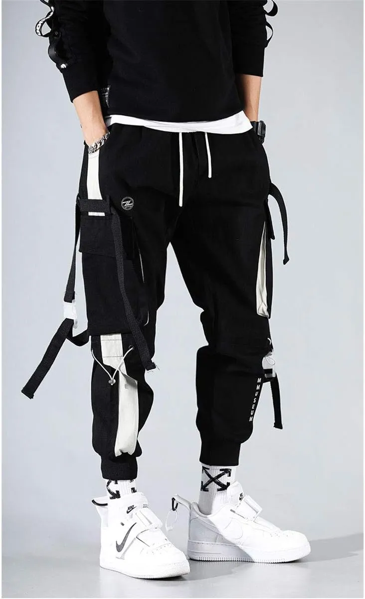Astellarie Mens Punk Cargo Pants Hip-hop Jogger Patchwork Popular Baggy Teachwear Pants