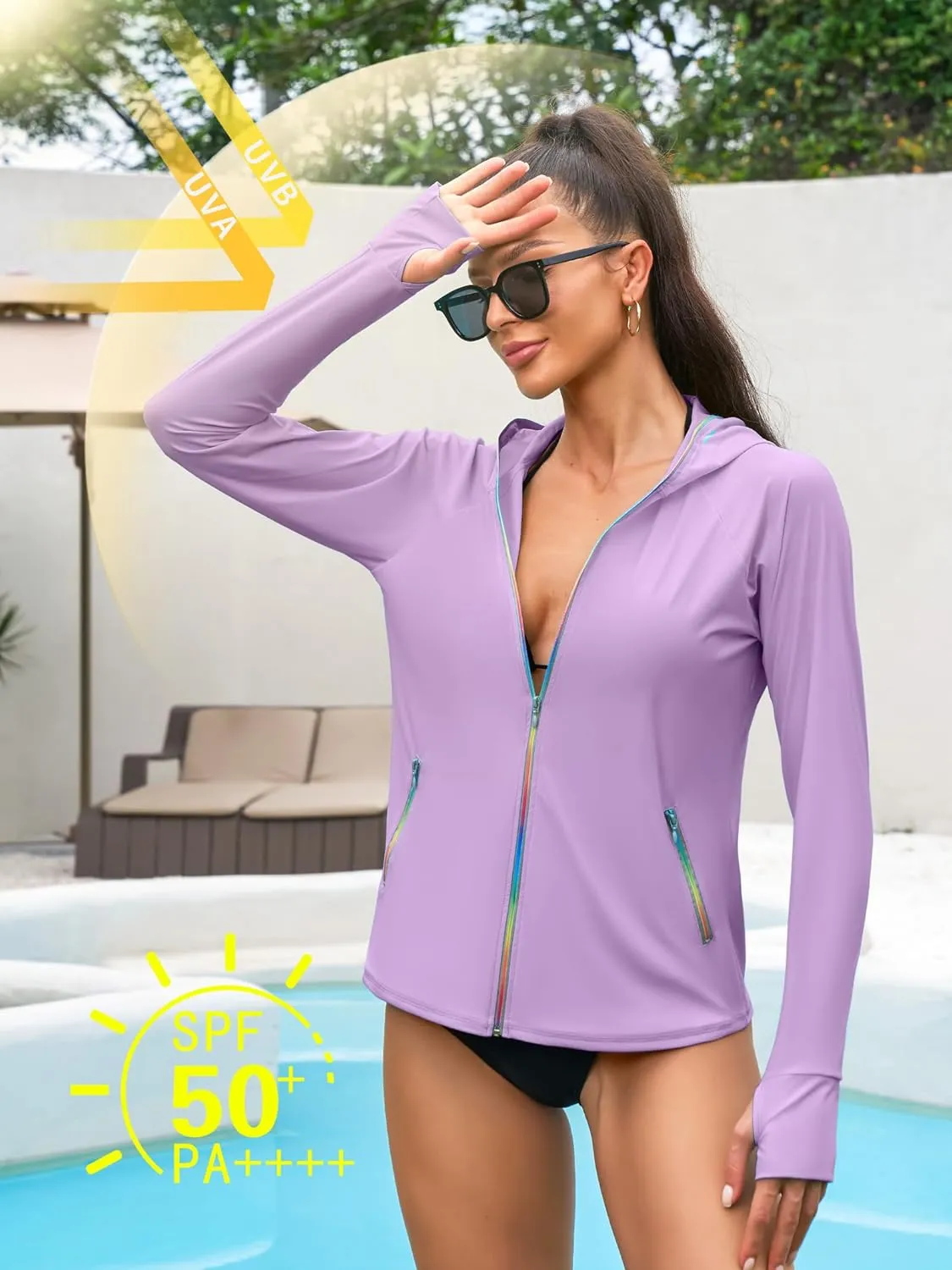 ATTRACO Rash Guard for Women Long Sleeve Swim Shirts Zip Up Hoodie with Thumb Hole & Side Pockets