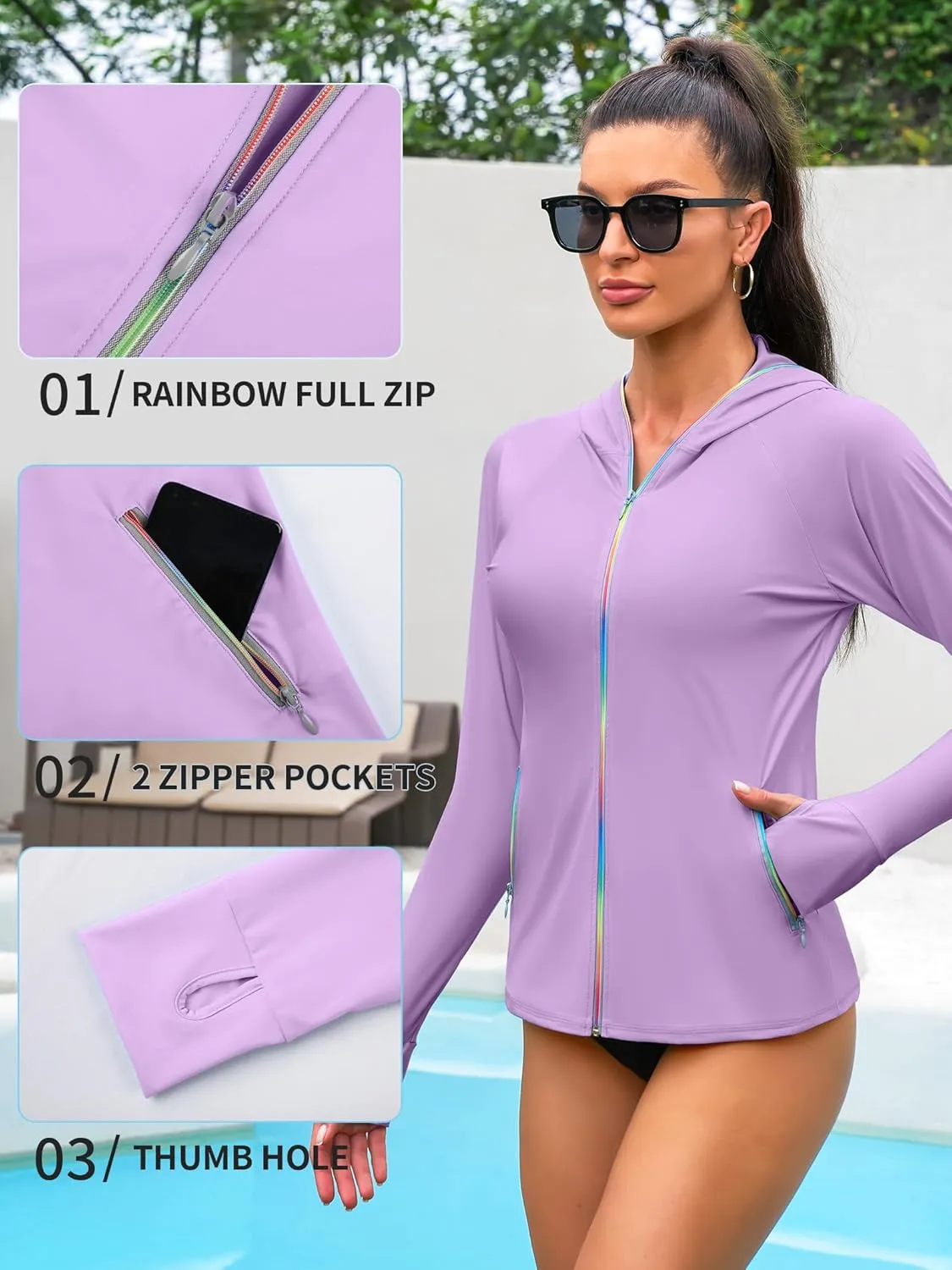ATTRACO Rash Guard for Women Long Sleeve Swim Shirts Zip Up Hoodie with Thumb Hole & Side Pockets