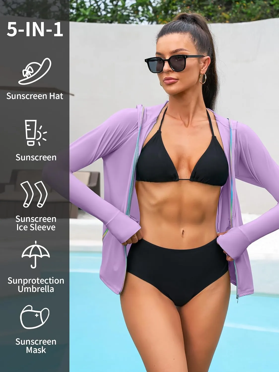 ATTRACO Rash Guard for Women Long Sleeve Swim Shirts Zip Up Hoodie with Thumb Hole & Side Pockets