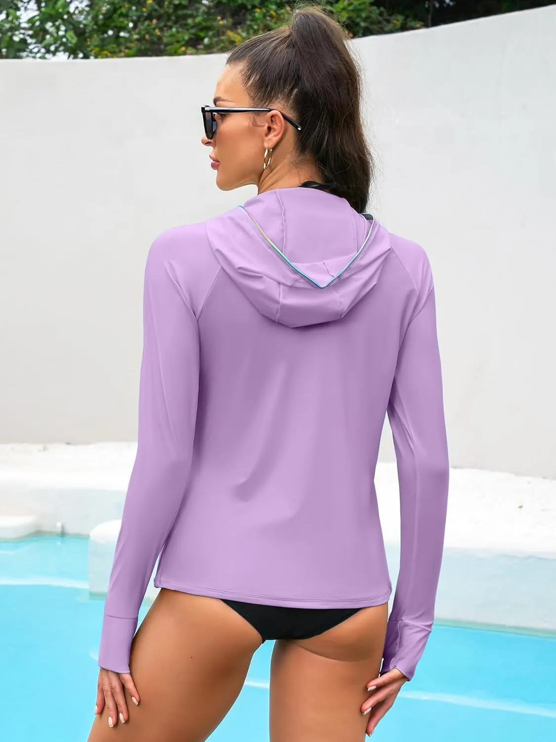 ATTRACO Rash Guard for Women Long Sleeve Swim Shirts Zip Up Hoodie with Thumb Hole & Side Pockets