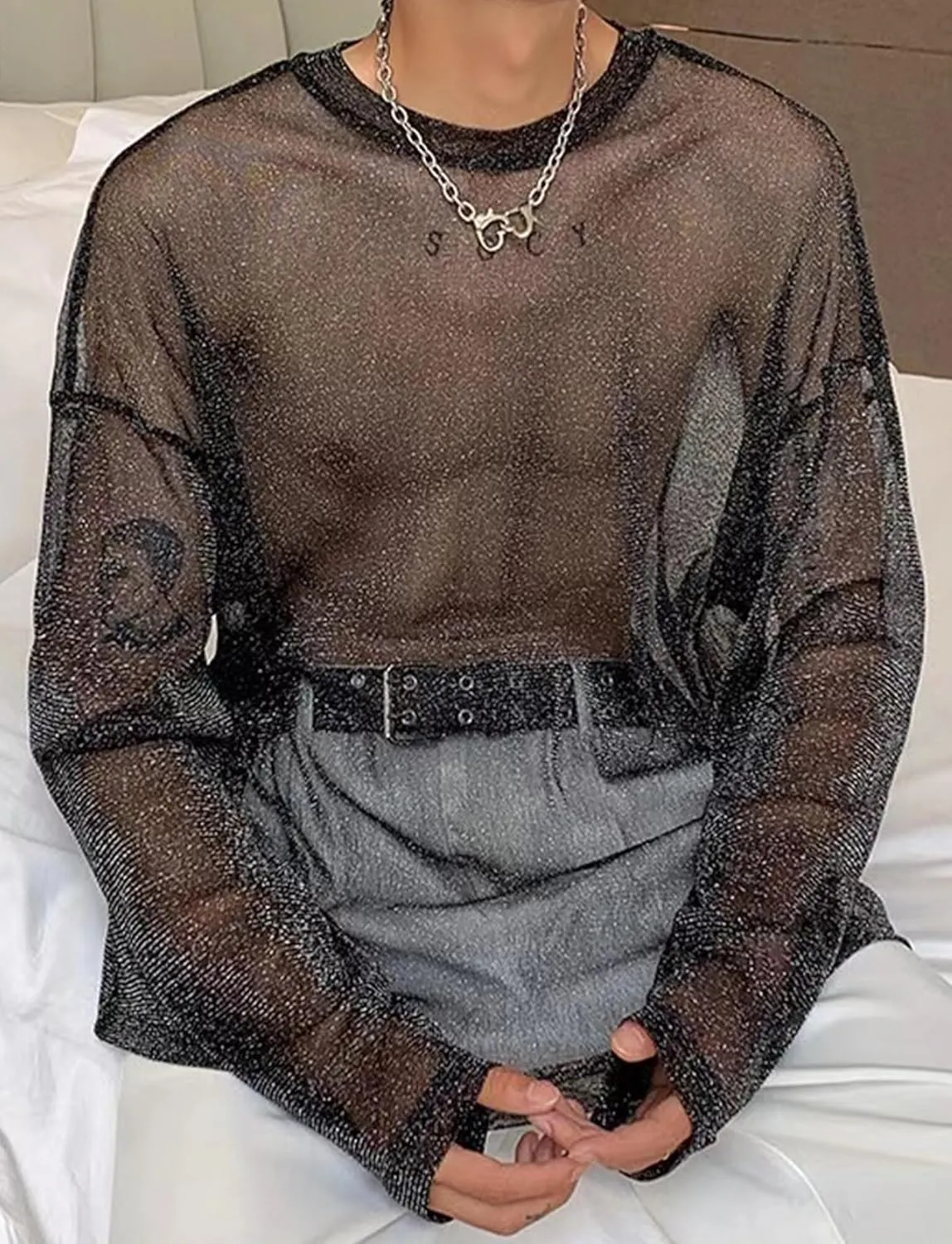 AUBIG Men's See Through Lace Sexy Party Club Shirt Top Hollow Out Fishnet Shirts Muscle Blouse Clubwear