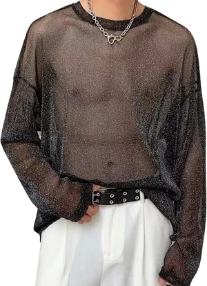 AUBIG Men's See Through Lace Sexy Party Club Shirt Top Hollow Out Fishnet Shirts Muscle Blouse Clubwear
