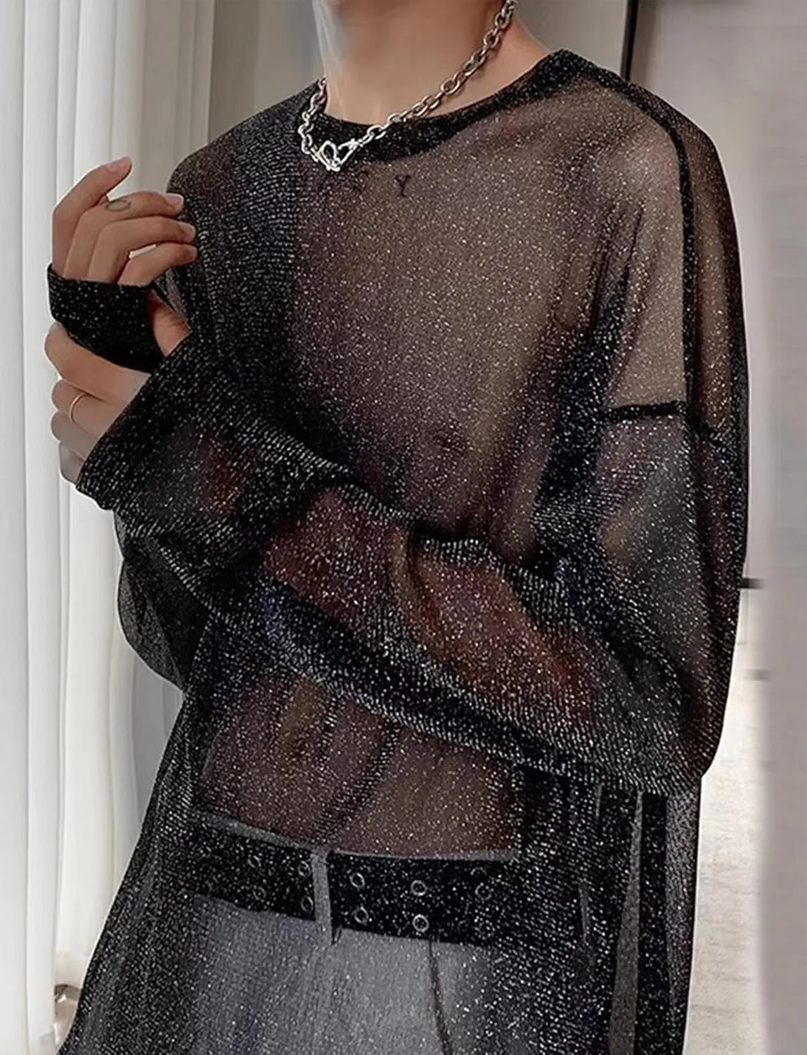 AUBIG Men's See Through Lace Sexy Party Club Shirt Top Hollow Out Fishnet Shirts Muscle Blouse Clubwear